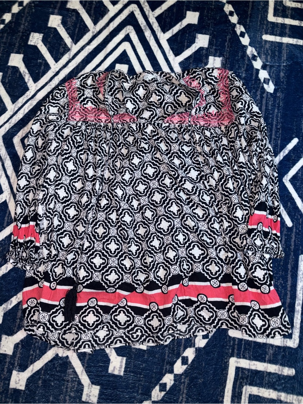 crown & ivy Navy and White Geometric Tunic with Pink Trim
